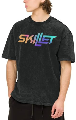 Śkillet% Rock Band Shirt Retro Washed Drop Shoulder Short-Sleeved T-Shirt Loose Trendy Punk Lover T-Shirt | Summer Casual Tops Fans' Must-Have Gift XX-Large