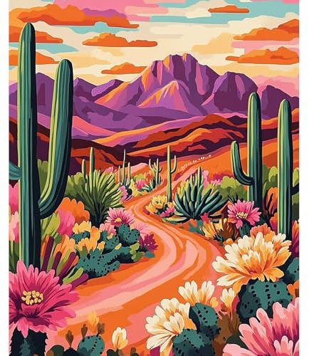 NEWENMO Desierto Colorido Pintar por Numeros Kit,Cactus Pintura por Numeros Adultos,Hermosas Flores Paint by Numbers Kits,con Pinceles,Pigmento Acrílico,para Decoración de Hogar(40x50cm,Sin Marco)