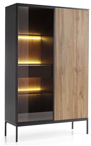 Komodee Laval WTSZ104 - Schrank mit LED Beleuchtung, Schwarz, Eiche Wotan, Lamella, Breite 104 cm, Höhe 166 cm, Tiefe 39 cm