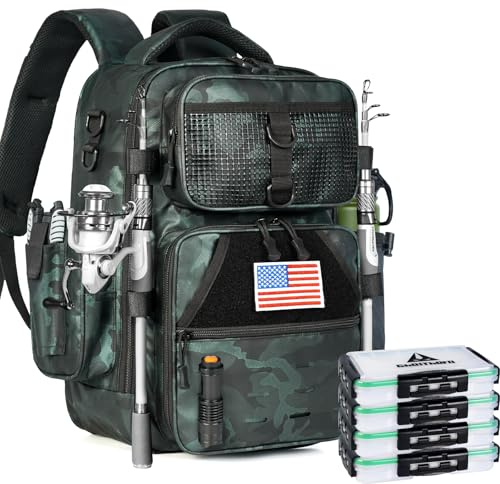 Ghosthorn Angelrucksack mit 4 Tackle-Boxen, Instant Workstation, 2 Rutenhalter, wasserdichte Angeltasche, große Aufbewahrung, Angelausrüstung und Ausrüstung (Grüne Tarnung)