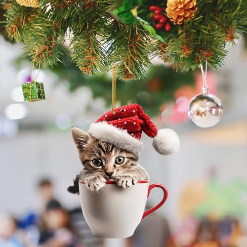 Cute Cat Pendant Acrylic Tea Cup Christmas Tree Ornament Mini Hanging Decoration for Holiday Party (B, One Size)