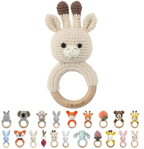 I LOVE MOM Greifling Babyrassel Beißring Gehäkelte Holz Häkeln Tiere Greifling Holz Spielzeug mit Sound Baby Geschenk für Neugeborenes Junge und Mädchen Geschenk zur Geburt - Weiße Giraffe