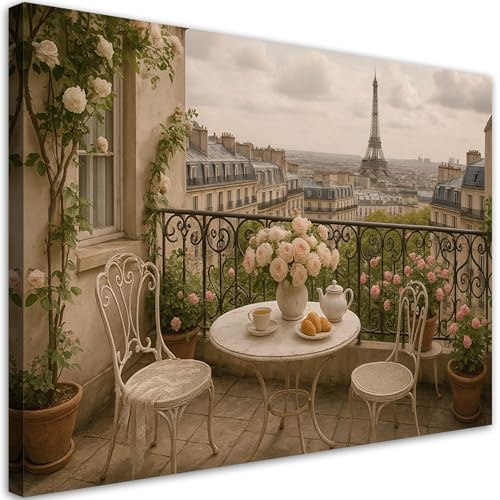 Feeby Bilder - Foto Geschenk - 100x70 1tlg - Leinwandbilder Wohnzimmer - Wandbild über dem Bett - Bild Schlafzimmer - Aesthetic Zimmer Deko - Modern Pictures - Paris Terrasse Eiffelturm