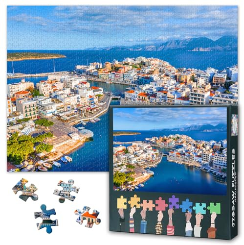Voulismeni Lake Erwachsenen Puzzle 1000 Blöcke, Agios Nikolaos Puzzles, Griechisch Kreta Erwachsenen Puzzle Spiel oder Spielzeug, geeignet für ältere Freunde 50X70CM