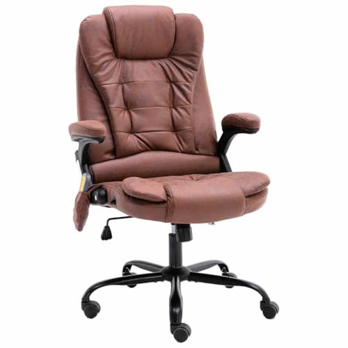 QZZCED Ergonomischer Bürostuhl mit Massage und Heizung, neigbar und höhenverstellbar, Kunstleder, Hellbraun, hohe Rückenlehne und gepolsterter Sitz für max