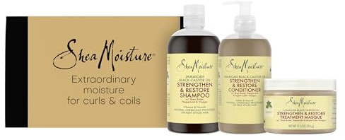 SheaMoisture Geschenkset Strengthen & Restore, Mit Shampoo, Conditioner und Maske, Bei Behandeltem und geschädigtem Haar, Mit Schwarzem Rizinusöl und Sheabutter, 384 ml + 384 ml + 355 ml | Mit Shampoo, Conditioner und Maske, Bei Behandeltem und geschädigtem Haar, Mit Schwarzem Rizinusöl und Sheabutter