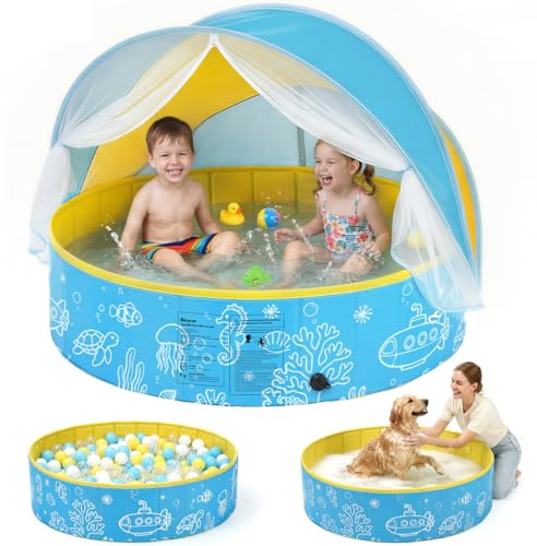 Binecer Piscina Plegable para niños con toldo y mosquitera, de Montaje rápido – 3-en-1 Piscina portátil para bebés con ventilación, Incl. Bolsa de Transporte para Playa, jardín, Camping y Viajes