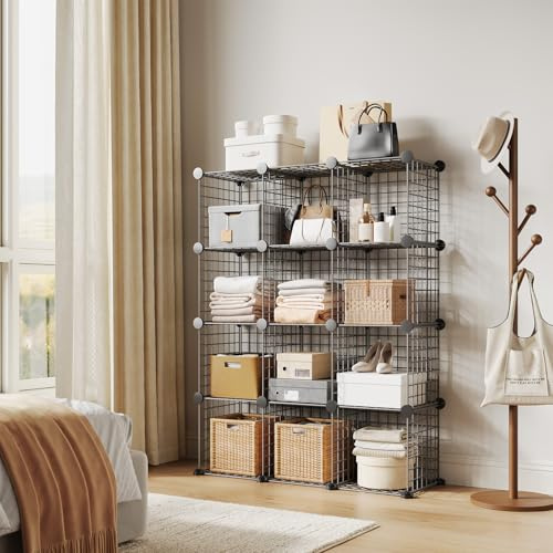 Garvee Sturdy Modular 12-Cube Wire Storage Organizer - Metal Grid Entryway Cabinet with Shelving for Bedroom, Office, Living Room, 37.01 x 12.6 x 38.19 in, Gray