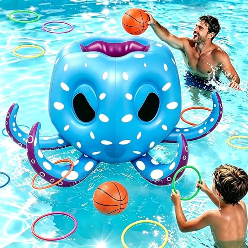 Yaskyly Juego de Piscina Hinchable Pulpo Niños, 2-en-1 Canasta de Baloncesto & Lanzamiento de Anillas, Juego Acuático Verano Playa, Regalo Cumpleaños para Niños Adultos Familia