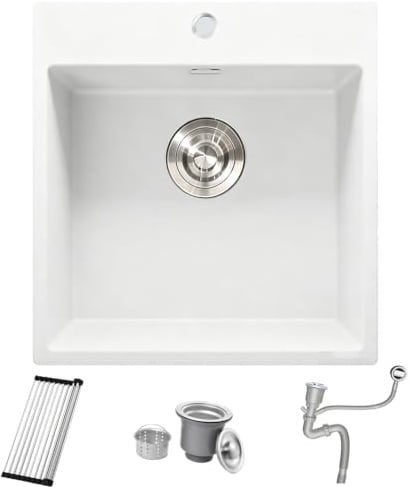 Bokaiya Evier Cuisine en Granit Blanc 48x50cm, Lavabo 1 bac, Évier à Encastrer Mueble 40cm, avec Bonde et Kit de Trop-Plein, Grille Enroulable et Siphon