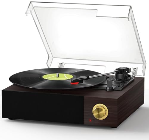 FYDEE Tocadiscos de Vinilo con Altavoces Integrados 6W, Diseño Retro de Madera con Tapa, Reproductor Bluetooth 5.4, 3 Velocidades, Salida RCA para Amplificador Externo, Protección Auto-Stop