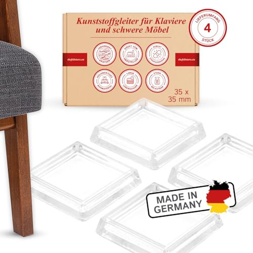 Möbeluntersetzer, Klavieruntersetzer eckig transparent 4 Stück, 35 x 35 mm, Klavier Bodenschoner, Klavieruntersetzer Glas Stuhlbeingleiter, Stuhlgleiter eckig – Made in Germany
