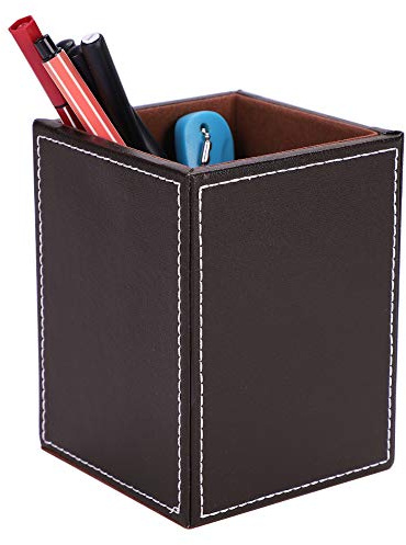 LONTG Leather Pen Pot Pen Cup Square Pencil Holder Stand Display Desktop Stationery Organiser Makeup Brush Holder Remote Control Holder with Anti-Slip Mat for Business Office Supplies School Home