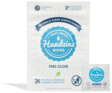 Handzies Natural Soap and Water Hand Wipes, Hypoallergenic, Free and Clear, Individually Packaged Singles (24)