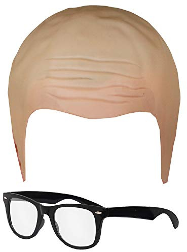 Glatze Kappe Hautfarbe plus Geek-Brille, sportliches Promi-Kostüm-Set