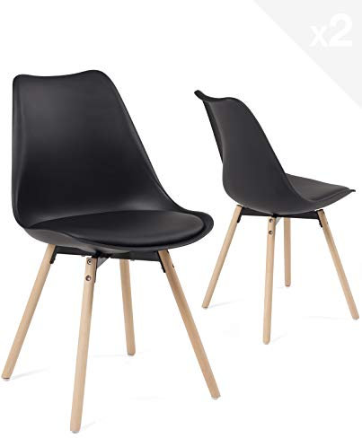 KAYELLES Lot de 2 chaises scandinaves de Cuisine Design. Siège en Plastique Souple Noir avec Coussin Simili Cuir Noir rembourré Mousse, Pieds en Bois hêtre Clair MIA (Noir)