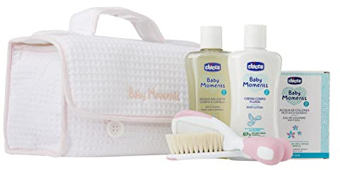 Chicco Geschenkset Baby Moments, Mit Eau de Cologne 100ml, Sanfte Körper- und Haarwäsche 200ml, Körpercreme 200ml, Bürste und Kamm, Alles, was man für das Baden braucht, Rosa, 0 Monate+