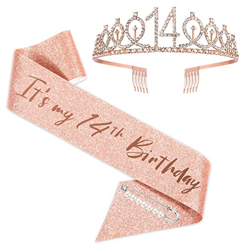 14. Geburtstag Schärpe und Tiara für Mädchen, Rose Gold Es ist mein 14. Geburtstag Schärpe und Krone, 14. Geburtstagsgeschenke für Happy 14. Geburtstag Party Favor Supplies