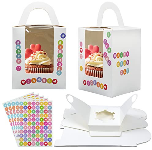 10pcs Single Cupcake Boxes, Individual Cupcake Box 1 Hole White Fairy Cake Box with Clear Window Muffins Cardboard Box with Inserts Teeth and 5 Sheets DIY Alphabet Stickers for Birthday Wedding