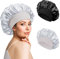 Kiiwah 2 Stück Schlafmütze Satin Bonnet Nacht Schlaf Mütze Verstellbare Schlafkappe Kopfbedeckung Weiche Kopfhaube Schlafhaube Seide mit Gummizug für Damen und Mädchen (Schwarz, Silber)