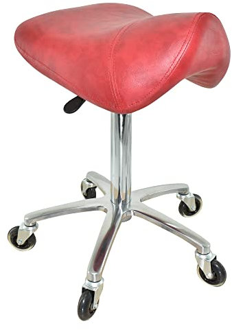 VAKON SALON - Premium Sattelhocker Rot, Sattelstuhl für Rückenentlastung, Rollhocker höhenverstellbar von 55-75 cm, Drehhocker, Praxishocker, Bürohocker, Arbeitshocker