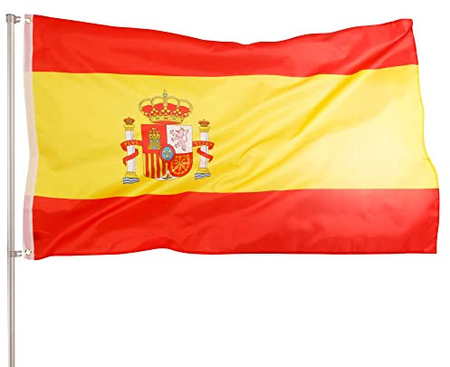PHENO FLAGS Bandera Premium España 90x150 cm – extremadamente resistente a la intemperie con ojales metálicos y tecnología especial de sellado – doble dobladillo - colores brillantes y vivos