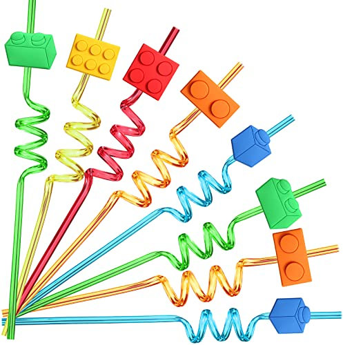 25 Building Blocks Party Favors Brick Block Drinking Straws for Building Blocks Birthday Party Supplies with 2 PCS Straws Cleaning Brush