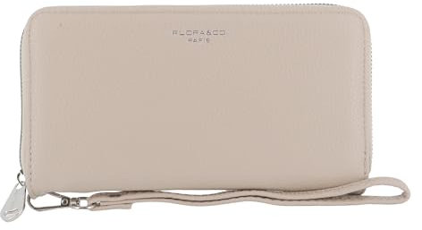 FLORA CO PARIS Portefeuille Femme Long Grand Format - Wallet Pochette Tout-en-Un A Lanière - Porte-Cartes Monnaies Zippées Originales - Similicuir Souple - Chic Tendance - Beige