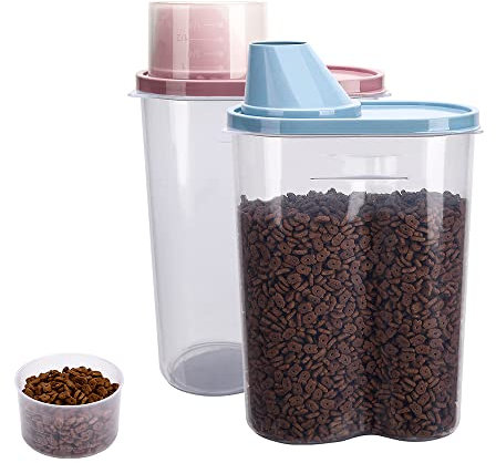 GreenJoy 2 Pack 2lb/2.5L Pet Food Storage Container with Measuring Cup, Can Covers and Bowl for Small Dog, Cat, Waterproof-BPA Free (Blue and Pink)