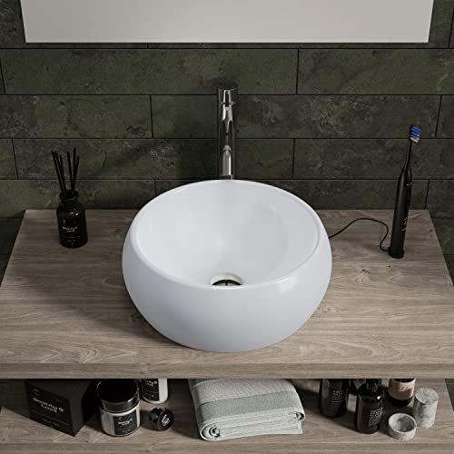 Lavabo da Appoggio Senza Troppo Pieno 40x40x15,5 cm Tondo in Ceramica Bianco Lucido per Mensole da Bagno Sospese