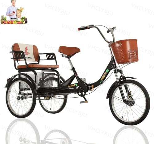 VHCLYBJU Dreirad für Erwachsene faltbar mit Kindersitz 3-Rad-Fahrrad für Damen Dreirad mit Korb mit Rücksitz 20 Zoll Fahrräder maximale Belastung von 440 lbs stoßdämpfende Gabel (Black 10, 20IN)