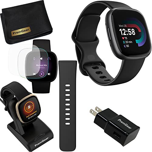 Fitbit Versa 4 Health and Fitness Smart Watch (Black/Graphite) with Built-in GPS, 6 Day Battery Life, S & L Bands, Bundle with 3.3foot Charge Cable, Wall Adapter, Screen Protectors & PremGear Cloth