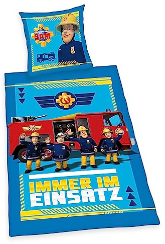 Herding Fireman Sam Bed Linen Set, Pillowcase 80 x 80 cm with Buttons and Reversible Motif, Duvet Cover 135 x 200 cm, with Button Closure, 100% Cotton/Linen