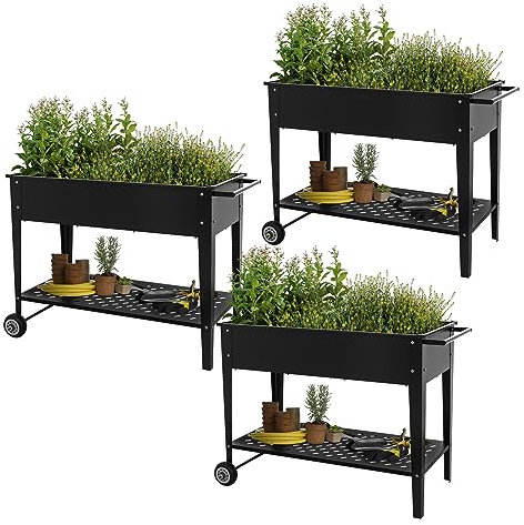 ML-Design Set di 3x Fioriera Rialzata Mobile in Metallo 98x50x79,5 cm Nero Letto per Orto Rialzato con Ripiano Ruote e Maniglia Letto di Coltivazione per Ortaggi Fioriera per Giardino Aiuola Rialzata