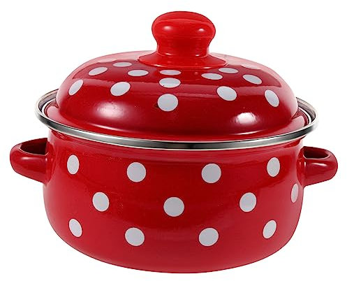 HOMSFOU Emaille Suppentopf Mit Doppelgriffen Und Deckel Zum Kochen Von Suppe Und Porridge Energiefördernd Und Isolierend Retro Design Rot Mit Weißen Punkten
