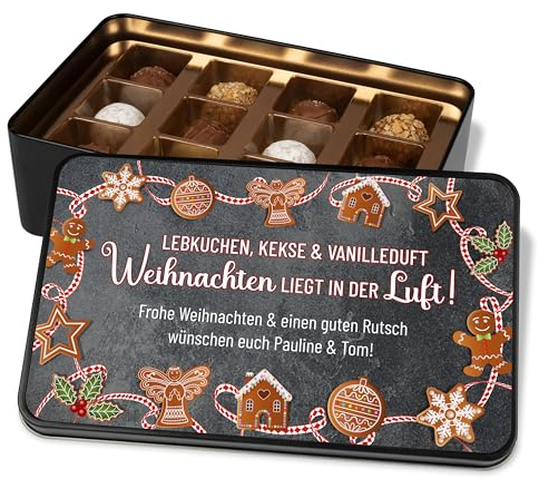 Pralinendose personalisiert „Lebkuchen, Kekse & Vanilleduft – Weihnachten liegt in der Luft!“ - 12 Confiserie-Pralinen in Metalldose – Schoko Weihnachtskarte als Geschenk