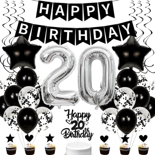 Conruich Luftballons 20. Geburtstag Dekoration, Schwarz Tortendeko Geburtstag 20 Jahre Mann, Folienballon Zahl 20 Silber, Deko 20. Geburtstag Frau, Geburtstagsdeko 20 Jahre Frauen Männer