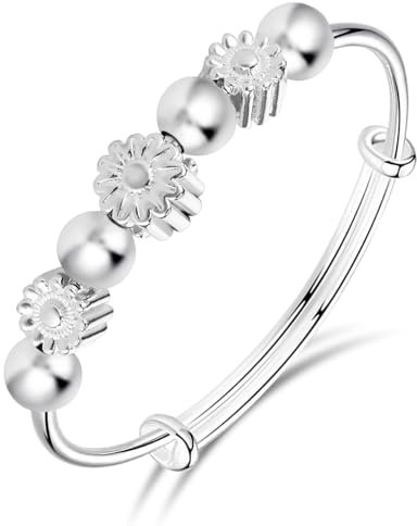 Silver Bead Spinner Bangle Daisy Bracelet for Women Adjustable, Fidget Bracelet Anxiety Relief Bracelet Jewelry Gift for Women Girls Ladies Birthday Valentine's Day Gifts Mother's Day Gift