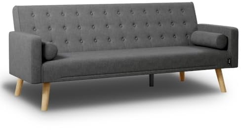 Nalui - Sofá Cama 3 Plazas Acolchado 203x82x78cm One Dots, 2 Cojines y Apertura Clic-Clac con Reclinación Ajustable. Sofá Cama Chaise Longue con Patas de Madera Convertible en Cama Doble|Gris Claro