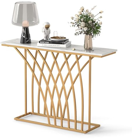 GIANTEX Table de console, entrée moderne avec plateau imitation marbre, structure géométrique en métal doré, pour entrée, salon, couloir, 120 x 30 x 80 cm