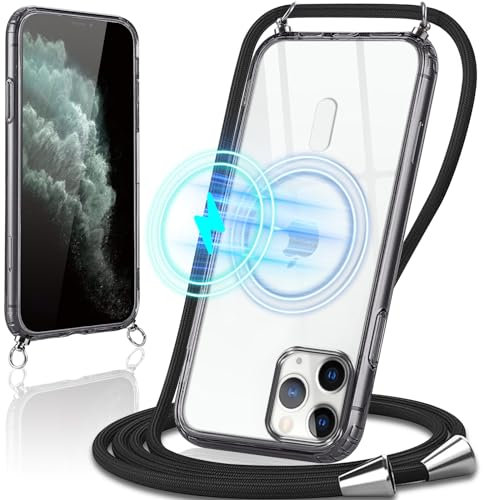 Oelrstfe Handykette für iPhone 11 Pro Max Hülle mit Band, Kompatibel mit MagSafe, Transparent Magnetische Handyhülle mit Kordel Necklace, Ultra-Dünne Silikon Schutzhülle für iPhone 11 Pro Max, Schwarz