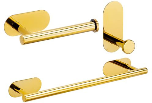 Kein Bohren, helles Gold, Badezimmer-Zubehör-Sets, Toilettenpapierrollen-Papierhalter, Handtuchhalter, Stangenring, Kleiderhaken, Hardware, goldfarben, 3-teiliges Set B