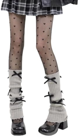 AKAMAS Damen Graue Weiße Beinstulpen,Japanische Y2k Ballett Lolita Winter Strickstulpen,Knit Beinwärmer mit Schleifen,Warme Kniewärmer,Lange Dehnbar Stulpen,Baumwolle Legwarmers für Frauen A