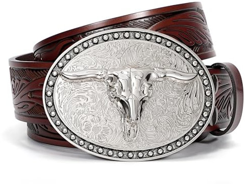 SANSTHS Western Cowboy Gürtel für Herren Damen, Western Leder Gürtel Bull Buckle Belt Geprägter Ledergürtel für Jeans, Kaffee/Lange Bullenschnalle