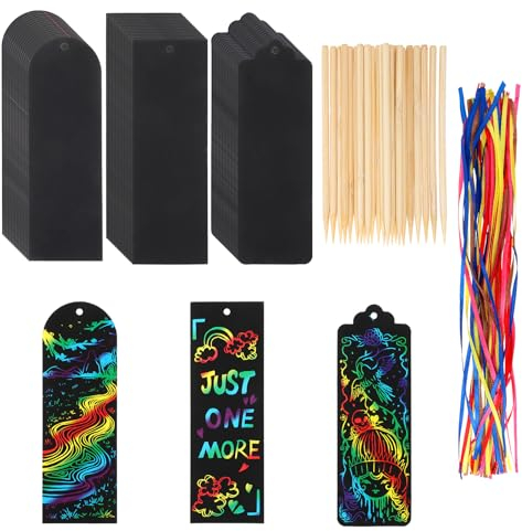 Dimeho 48 Stück Kratzbild Lesezeichen - 3 Stile für Kinder und Schüler - Regenbogen DIY mit Kratzwerkzeug - Partygeschenke und Bastelbedarf