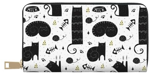 VOSERY Geldbörse Damen Leder Bifold Multi Card Wallet Bohemian Cute Cat Fishbone Damen Geldbörsen Lange Geldbörse
