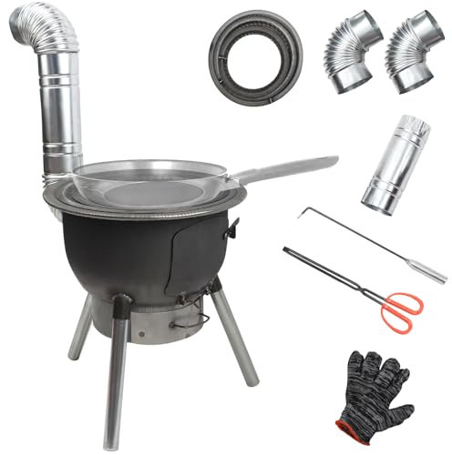 mumisuto Camping Ofen, 43cm Abnehmbarer Camping Kocher, Tragbarer Raketenofen mit Feuerhaken & Kneifzangen & Rauchrohre & Handschuhe & Zubehör, für Grillabende, Picknicks, Kochen & Heizen im Freie