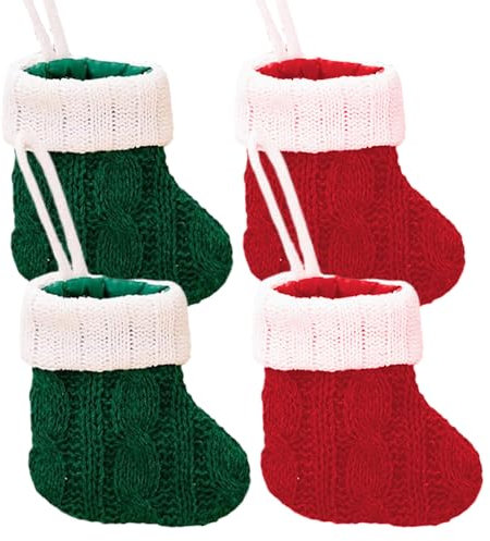 4 Stück Weihnachtsstrümpfe, 10,9 x 9,9 cm, Mini-Weihnachtsstrümpfe, grün und rot, rustikale Strick-Weihnachtsstrümpfe, kleine Geschenktüten für Weihnachtsbaumschmuck, Familien-Heimdekoration, Strümpfe