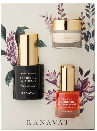 RANAVAT Royal Trio Travel Size Gift Set - Set Includes Brightening Saffron Face Serum, Renewing Bakuchi Face Cream & Fortifying Hair Serum - Clinically Tested Vegan Skincare & Haircare (3 Count)