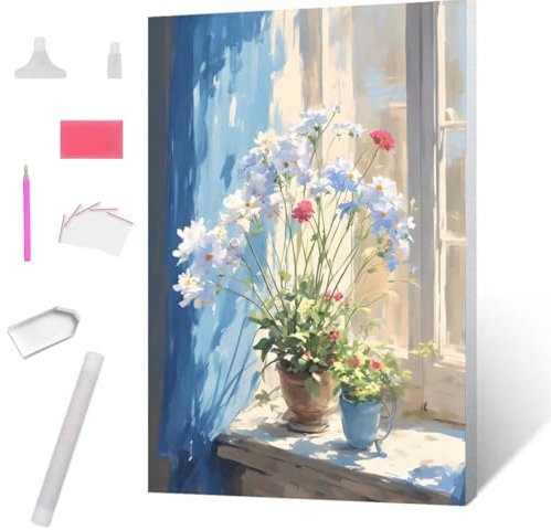 Jaxiaco Fensterbrett Blumen Diamond Painting Erwachsene 90x120cm, DIY 5D Diamant Painting Bilder kinder Malen Nach Zahlen Set, Diamond Art Full Diamant Malerei Kunst Basteln für Home Wand Dekor S-116